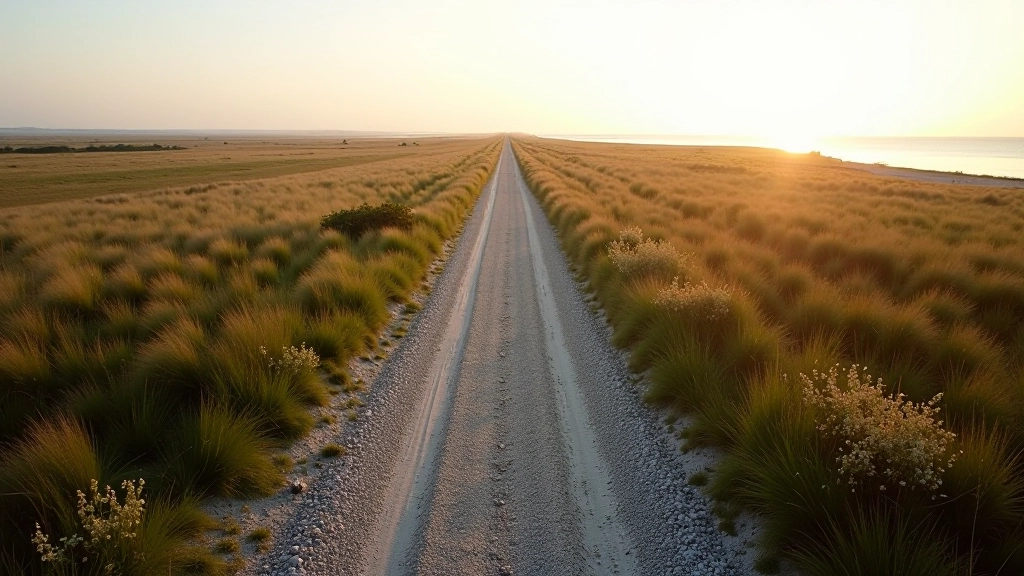 Rusnės salos pylimo vaizdas iš viršaus, žvyras ir žolė, jūros horizonto linija