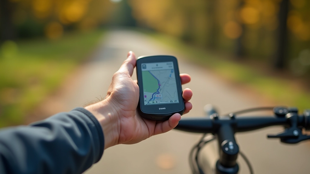 Dviratininko rankose prikabintas GPS įrenginys su maršruto žemėlapiu ekrane